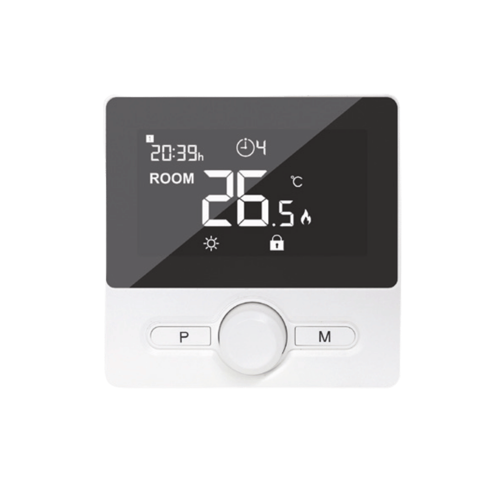 Λευκός ενσύρματος ψηφιακός θερμοστάτης χώρου Heatmax HT-25 με μεγάλη φωτιζόμενη οθόνη και περιστροφικό διακόπτη ρύθμισης.