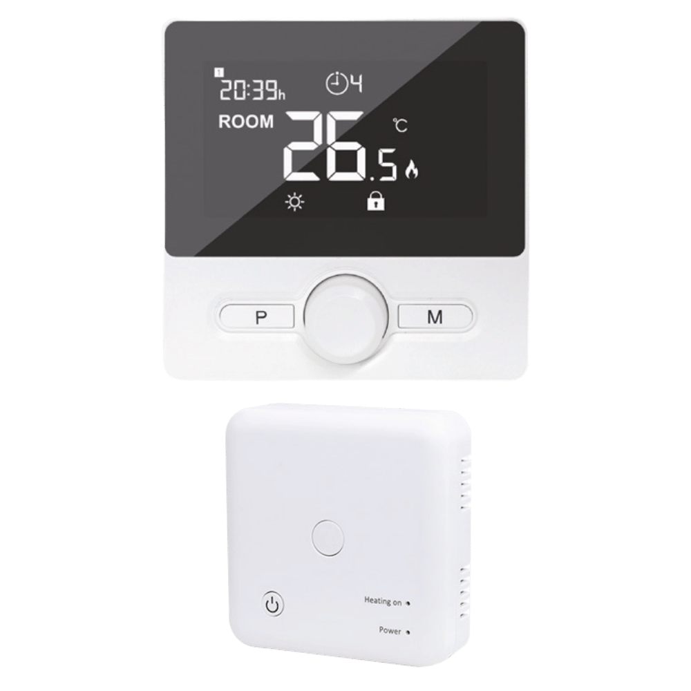 Λευκός ασύρματος ψηφιακός θερμοστάτης χώρου Heatmax WT-25 RF με δέκτη, μεγάλη φωτιζόμενη οθόνη και περιστροφικό διακόπτη ρύθμισης.