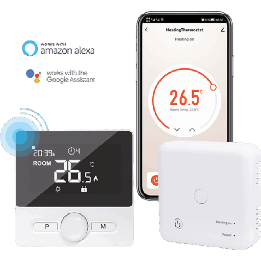 Λευκός έξυπνος Wi-Fi θερμοστάτης χώρου Heatmax WT-25 με δέκτη, δυνατότητα απομακρυσμένου ελέγχου μέσω smartphone και περιστροφικό διακόπτη ρύθμισης.