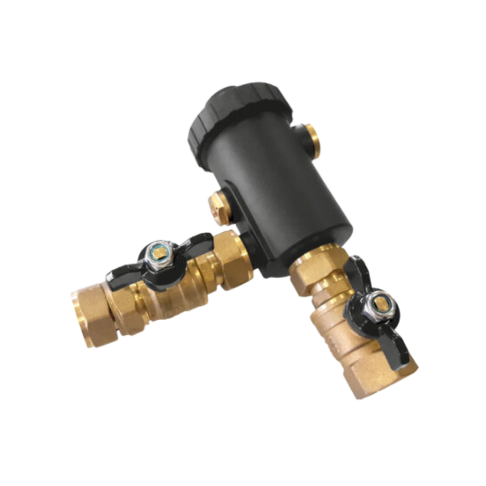 Συμπαγές μαγνητικό φίλτρο HeatMax Vortex mini 3/4" με μαγνήτη 9.000 Gauss για προστασία λέβητα και αντλίας θερμότητας.